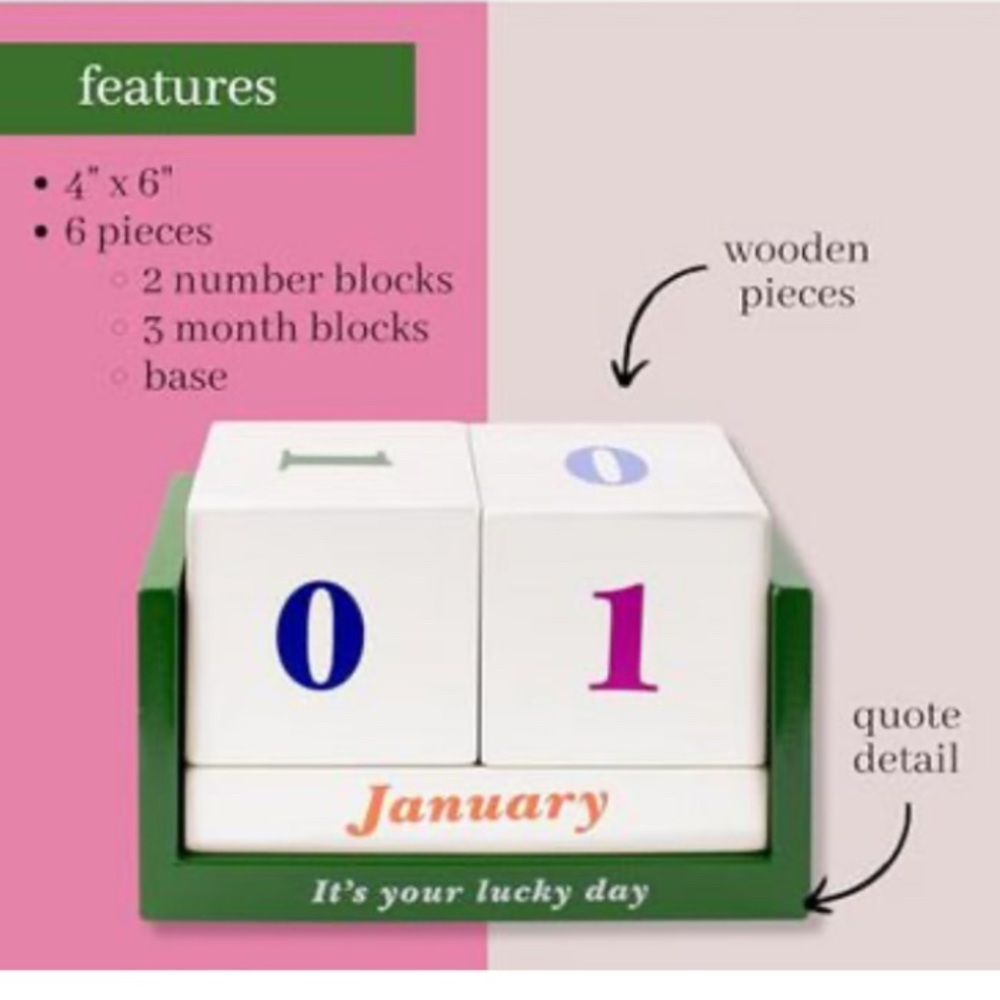 NIB KATE SPADE Perpetual Calendar IT’S YOUR LUCKY DAY Wooden Blocks 6 X4” 🎁 - Picture 2 of 5